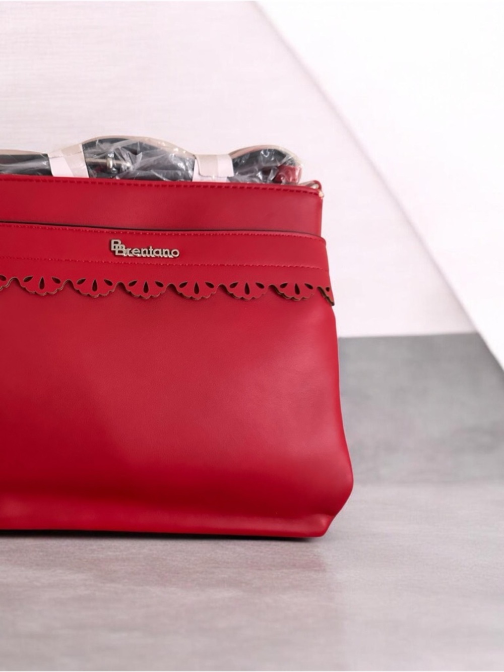 Brentano Vegan Leather Red Scalloped-Trim Shoulder Bag - Picture 3 of 6